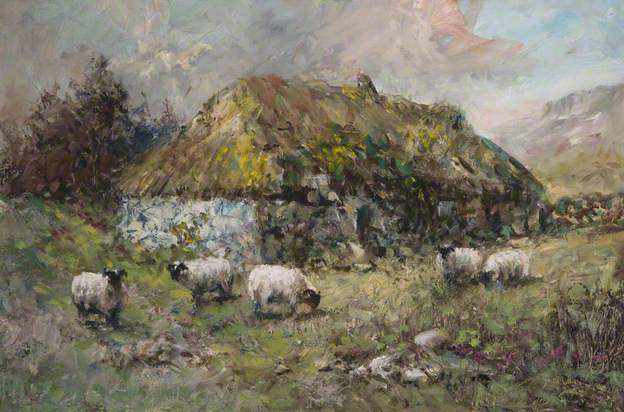 After the Highland Clearances, dipinto di David Stratton Watt che ritrae un cottage abbandonato e delle pecore che pascolano. 
