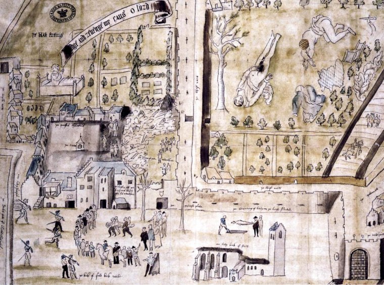 Disegno del luogo del delitto di Kirk o'field, realizzato per William Cecil poco dopo l'omicidio. In alto a desta di vede il corpo di Darnley nel giardino della casa esplosa.