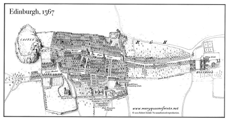 Disegno realizzato da David Atkinson che ricostruisce la città di Edimburgo com'era all'epoca dell'assassinio di Lord Darnley nel 1567