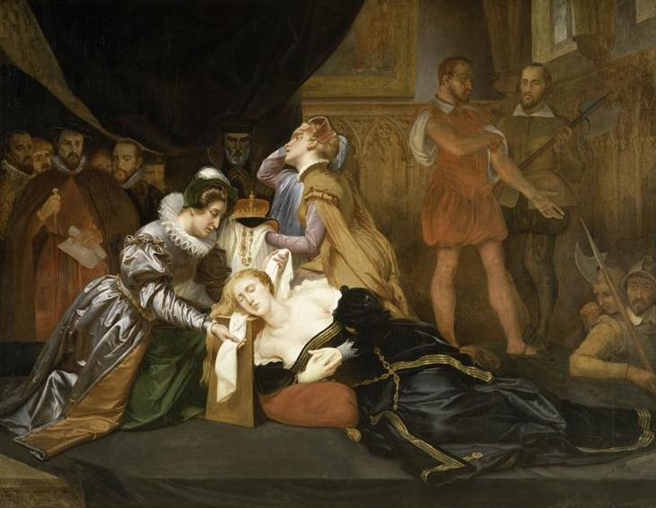 La dama di compagnia Jane Kennedy benda la regina Mary Stuart - dipinto di Abel de Pujol 