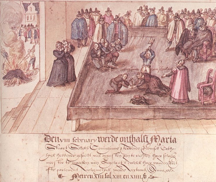 Xilografia che illustra l'esecuzione di Mary Stuart con descrizione in olandese. Sulla sinistra si vedono i suoi averi che vengono bruciati. 