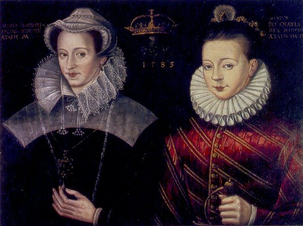 Mary queen of scots and King James VI of Scotland - dipinto del 1583. Mary è ritratta durante la sua prigionia in Inghilterra infatti vestiti e perfino gioielli sono uguarli a quelli di altri quadri realizzati durante quel periodo. 